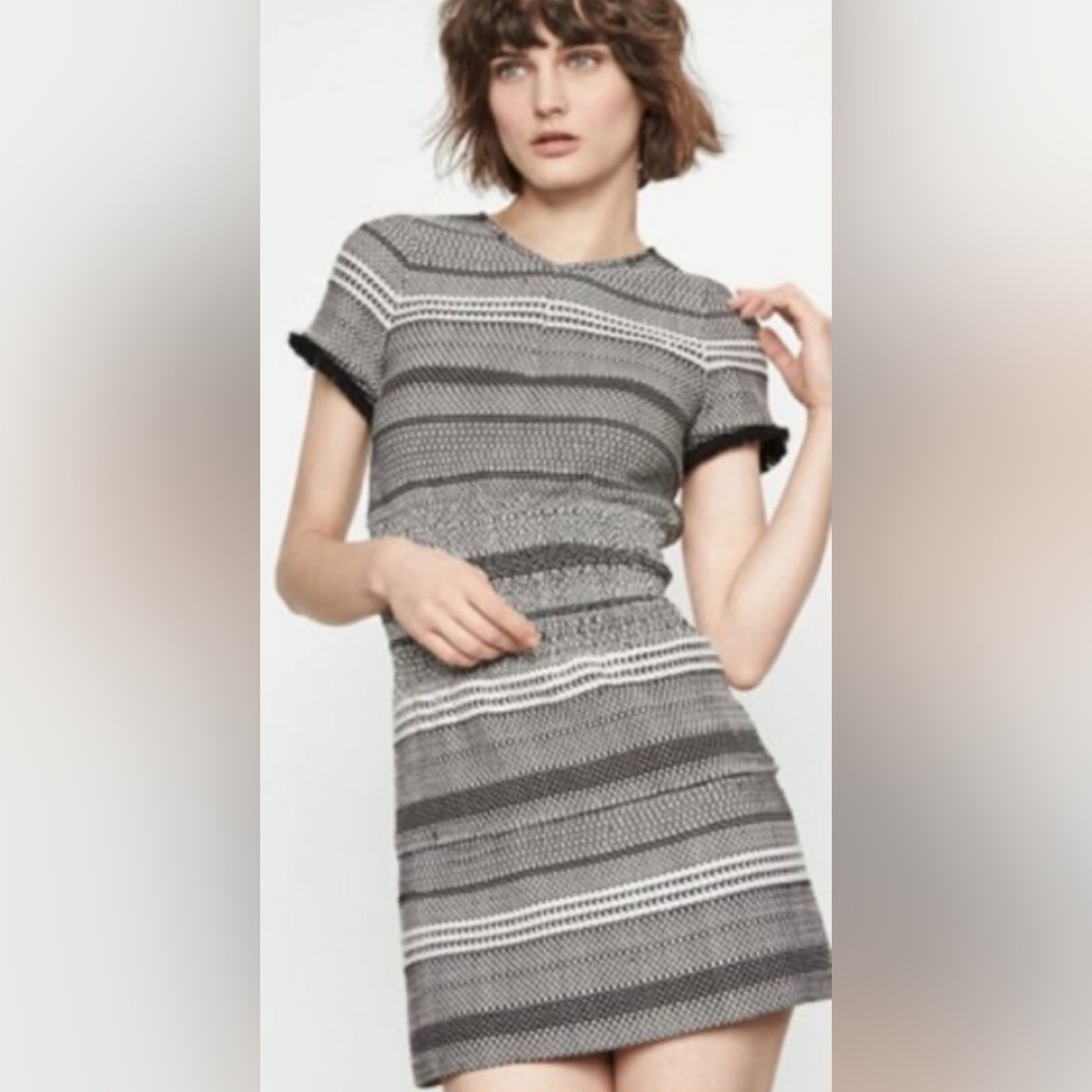 NWT [Maje] Jacquard Striped Fringe Short-Sleeve Mini Dress Women’s US L / FR 3 - Picture 2 of 13